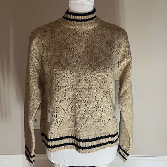 Tommy Hilfiger Sweaters - Tommy Hilfiger long sleeve logo sweater tan and navy blue stripe mock neck sz M